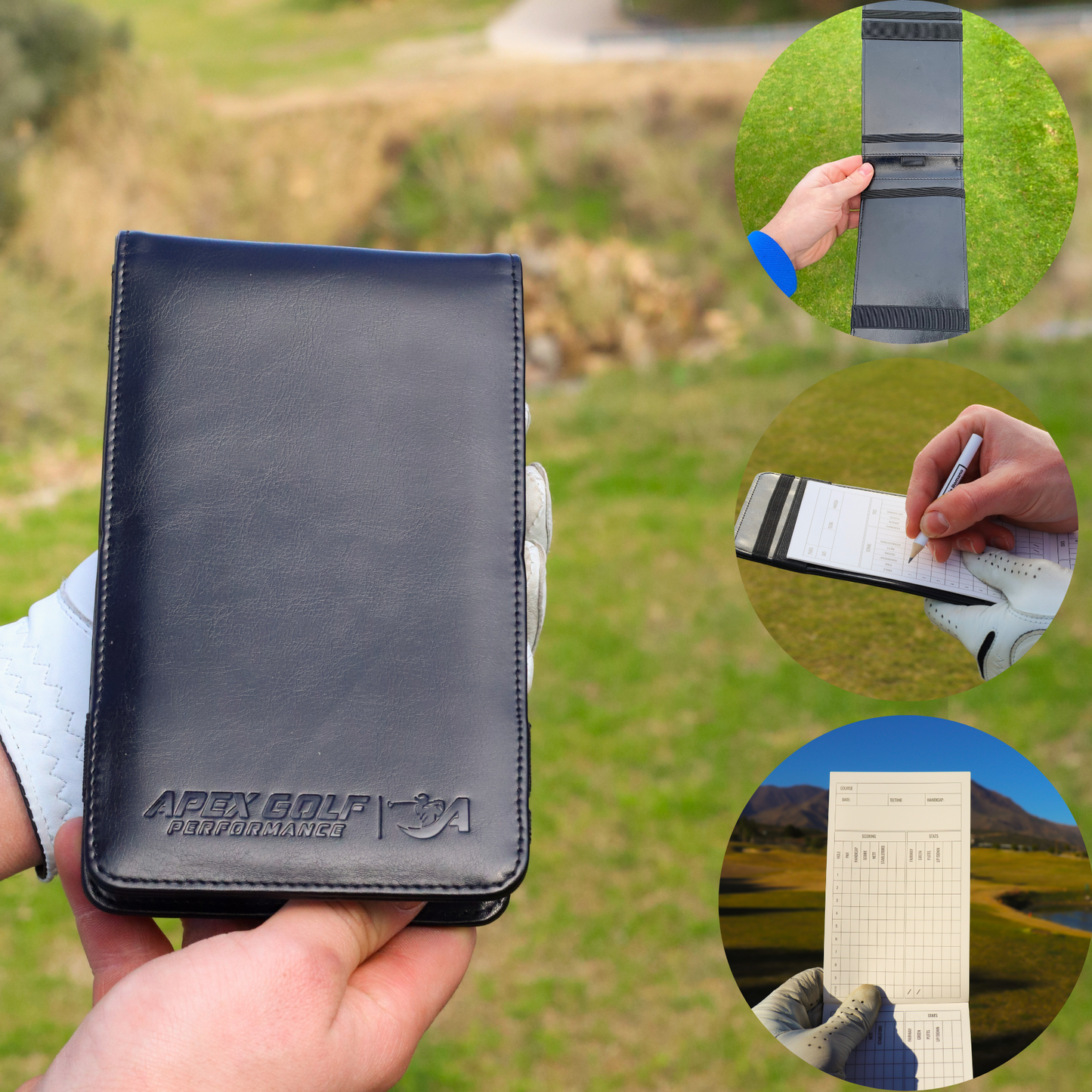 Leather Scorecard Holder with 2x Waterproof Notebooks with Yardage book + Stat Tracking System